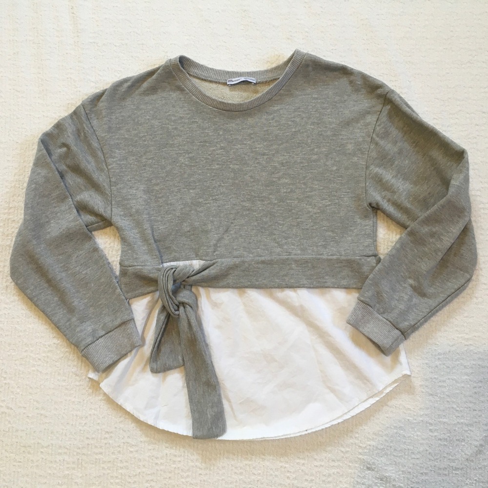 ZARA Woman Gray Sweatshirt White Layered Hem Tie Waist‎ Size S